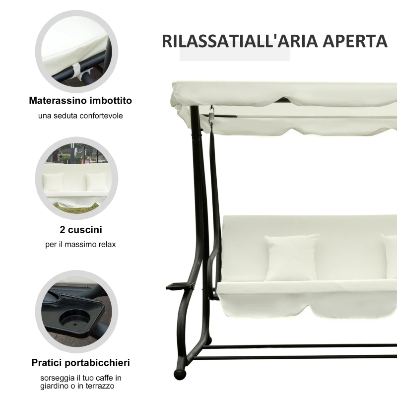 Outsunny Dondolo da Giardino 3 Posti Convertibile in Letto con Tetto Regolabile e Portabicchieri, Dondolo da Esterno in Acciaio e Poliestere, 200x120x164 cm, Crema