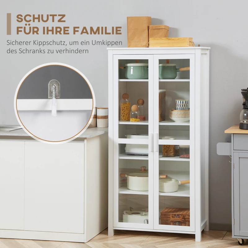 HOMCOM Küchenschrank, 4 Regale, 2 Glastüren, 80 cm x 39,5 cm x 160 cm Weiß