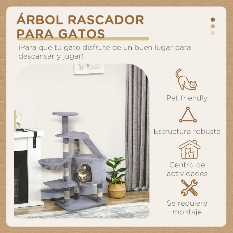 PawHut Torre para Gatos 55x40x125 cm con Postes Escalera Cueva Espaciosa Hamaca y Varias Plataformas Gris