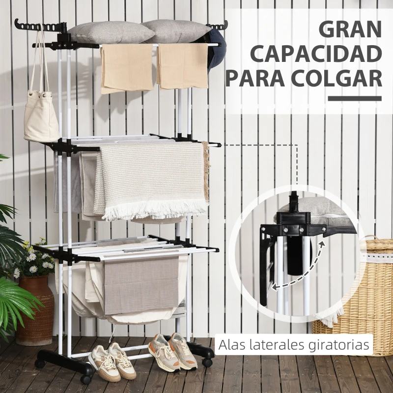 HOMCOM Tendedero de Ropa Plegable con Ruedas 3 Niveles con Alas Plegables y Colgadores 73x64x172 cm Negro y Blanco