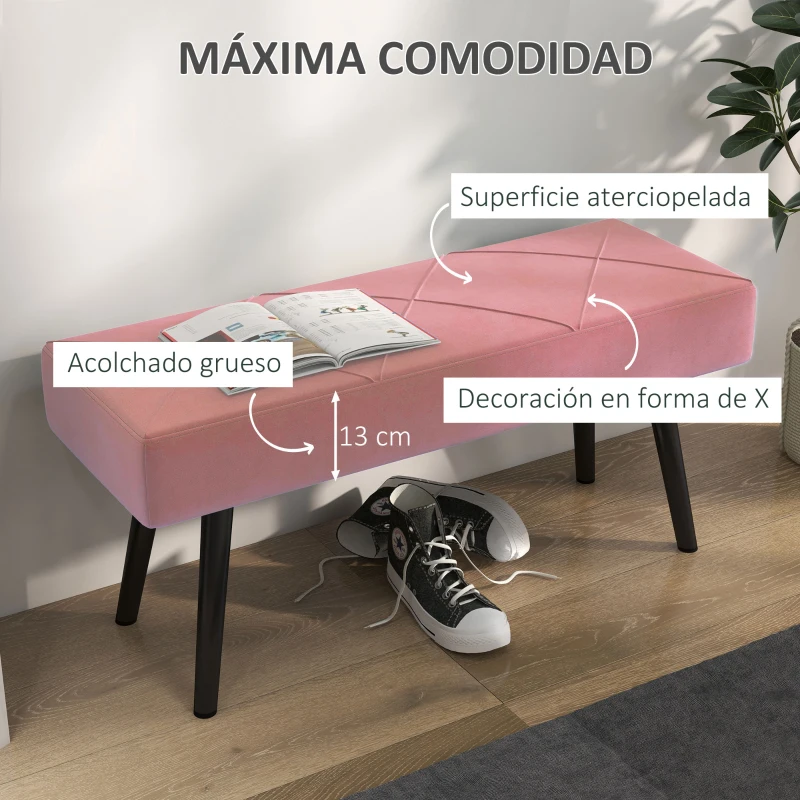HOMCOM Taburete Pie de Cama Multifuncional con Pies de Acero y Asiento Acolchado para Entrada Pasillo 100x36x45 cm Rosa