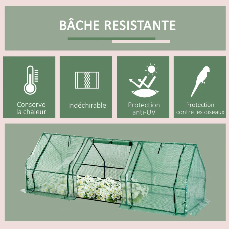 Outsunny Mini Serre de Jardin mini serre tunnel 180L x 90l x 90H cm toit pointu Acier PE Haute densité 140 g/m² Anti-UV 3 fenêtres avec Zip enroulables Vert