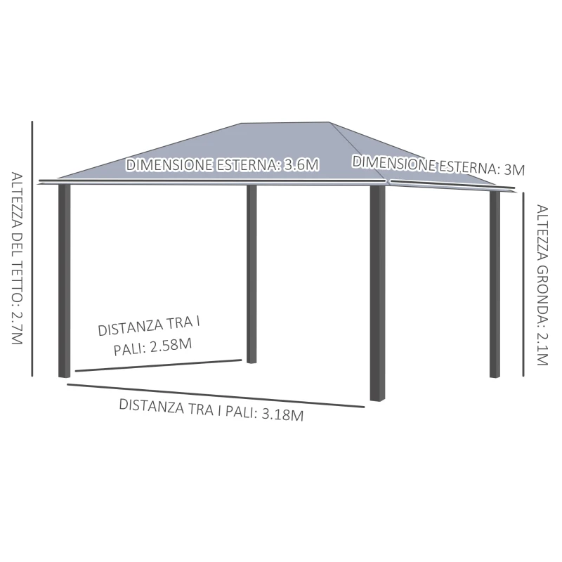 Outsunny Gazebo da Giardino con Zanzariera 3.6x3m Tetto Policarbonato Marrone
