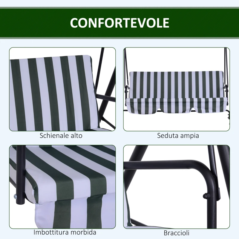 Outsunny Dondolo da Giardino 3 Posti con Tetto Parasole e Struttura in Acciaio, 172x110x153cm, Bianco e Verde