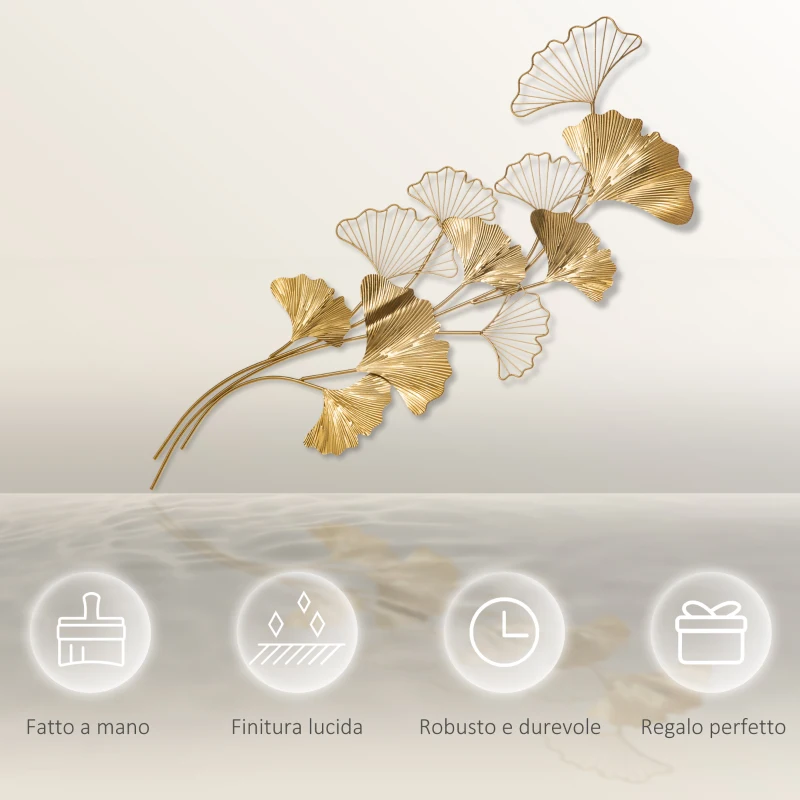 HOMCOM Decorazione Murale 3D in Metallo, Wall Art Dorata con Foglie di Ginkgo 138x70cm