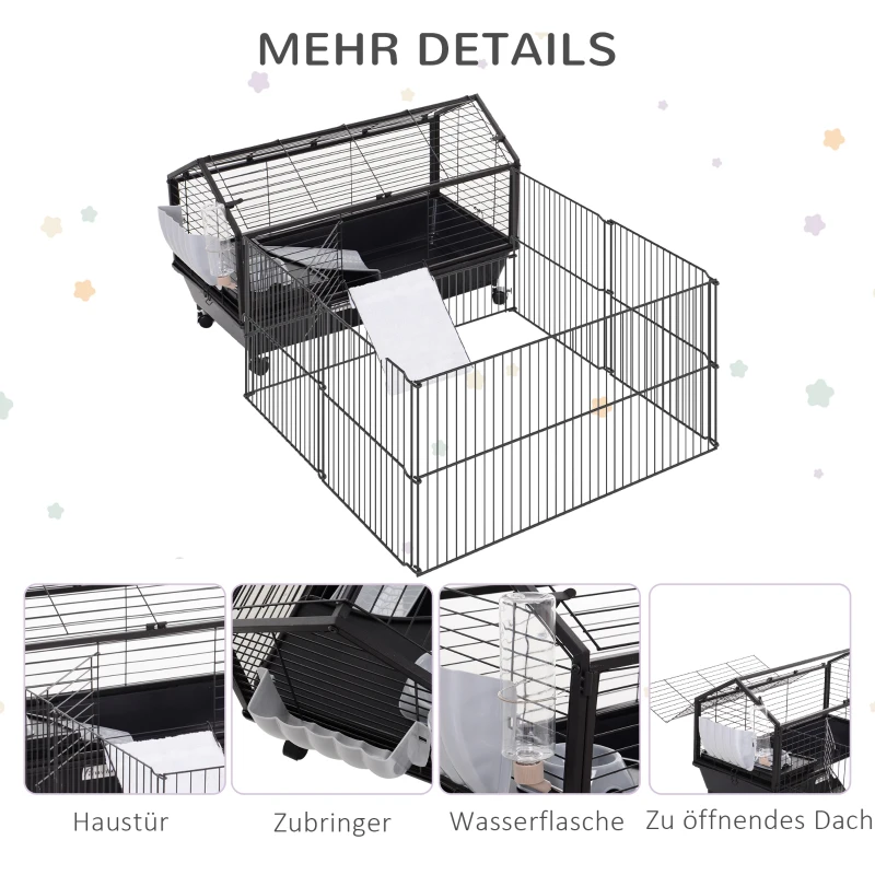 Pawhut Kleintierkäfig mit Freigehege inkl. Zubehör 88 cm x 128,5 cm x 56 cm  4 Rollen Schwarz Metall Polypropylen