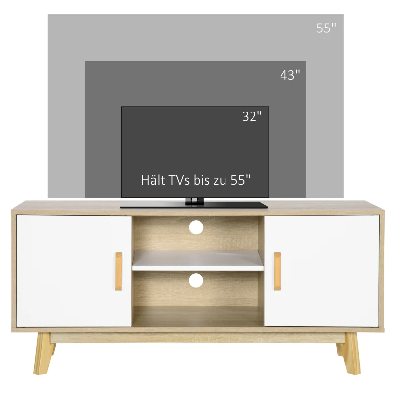HOMCOM TV-Lowboard Fernsehschrank TV Schrank Fernsehtisch Sideboard mit 2 Schränke und offenen Regale Skandi-Design bis zu 55 Zoll Natur+Weiß 120 x 40 x 55 cm