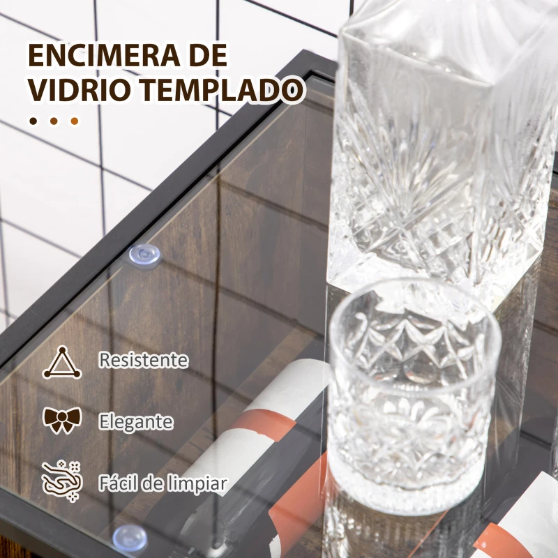HOMCOM Aparador con Botellero para 4 Botellas con Encimera de Cristal Estilo Industrial 60x40x100 cm Marrón Rústico