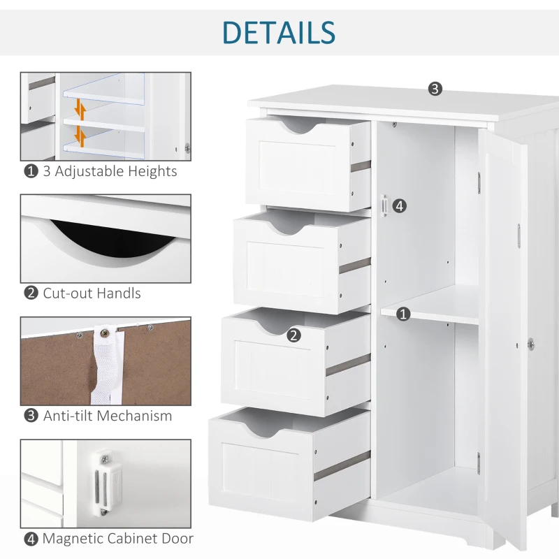 kleankin Armario Auxiliar de Baño Mueble para Baño con Puerta 4 Cajones y Estante Ajustable para Cocina Salón 56x30x83 cm Blanco(m-6)