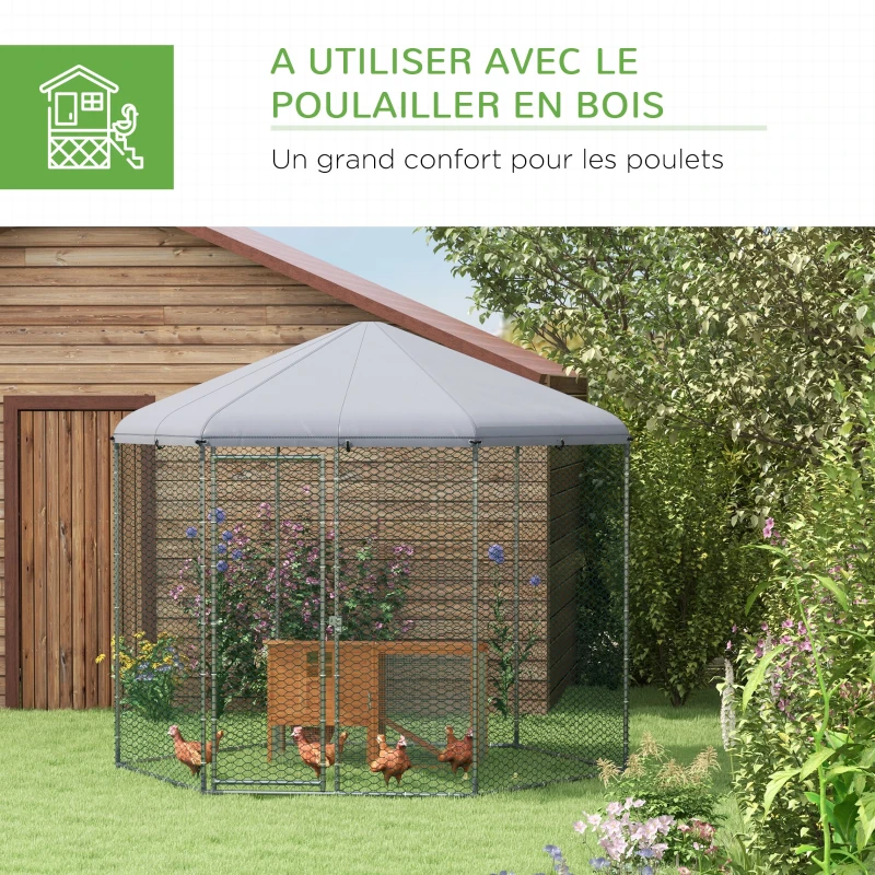 PawHut Enclos poulailler extérieur 5 m² parc grillagé dim. 2,8L x 2,45l x 2,46H - espace couvert - 5/8 poules