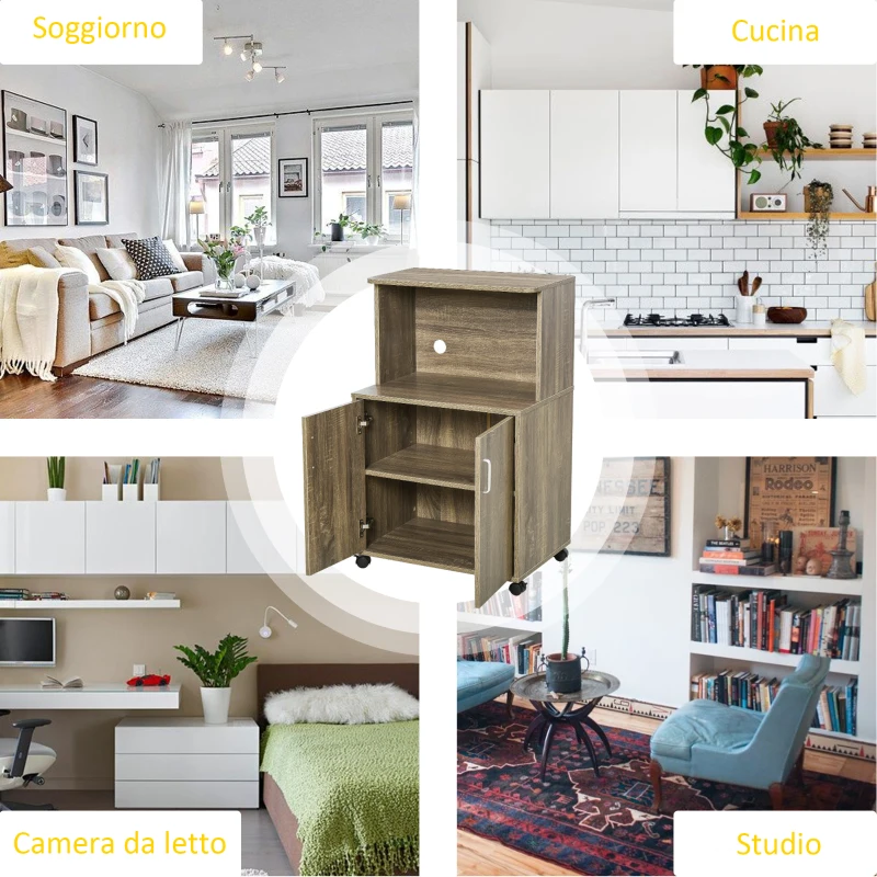 HOMCOM Mobile Cucina Multiuso con 4 Ruote, Armadietto e Ripiano per Microonde, 60.4x40.3x97cm - Grigio