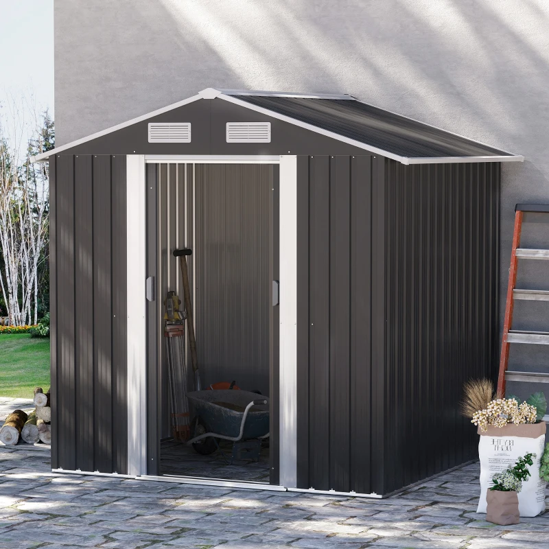 Outsunny Gartenhaus Geräteschuppen Gerätehaus Gartenchuppen, wetterbeständig, 2,6 m² Bodenfläche, rostfreier Stahl, 195,5 x 153 x 188 cm, Schwarz