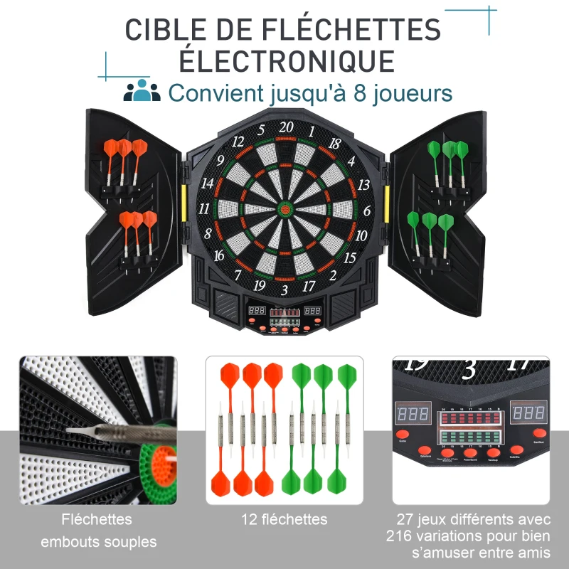 HOMCOM Cible jeu de fléchettes électronique 27 jeux jusqu'à 8 joueurs LED haut-parleur noir