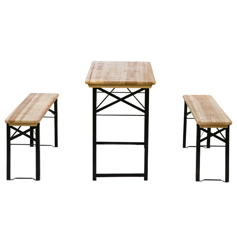 Outsunny Table de Camping Pique-Nique Pliable Portable + 2 bancs Pliables métal époxy Noir Bois Massif Sapin