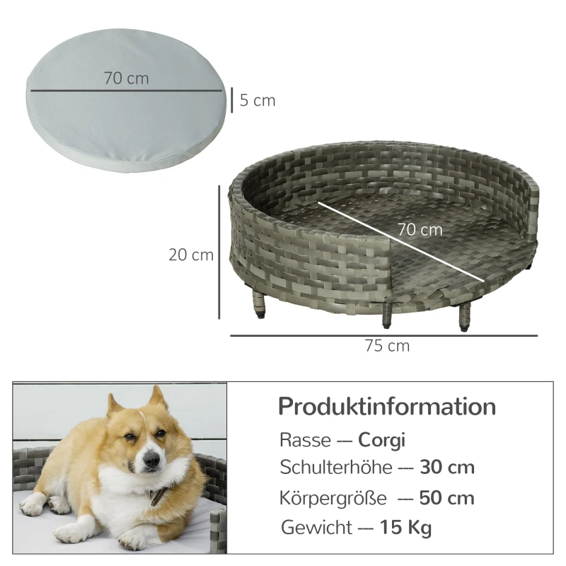PawHut Hundebett Hundekorb Hundesofa Katzenbett mit Kissen Katzensofa Hundekörbchen für kleine Hunde Rattan Grau 75 x 75 x 20 cm