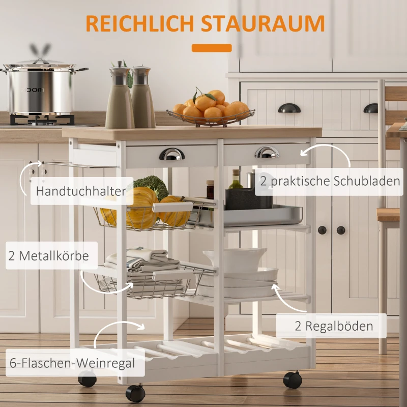 HOMCOM Küchenwagen Küchenrollwagen Servierwagen mit Korb Schublade Weinablage rollbar Holz weiß 74 x 37 x 76 cm