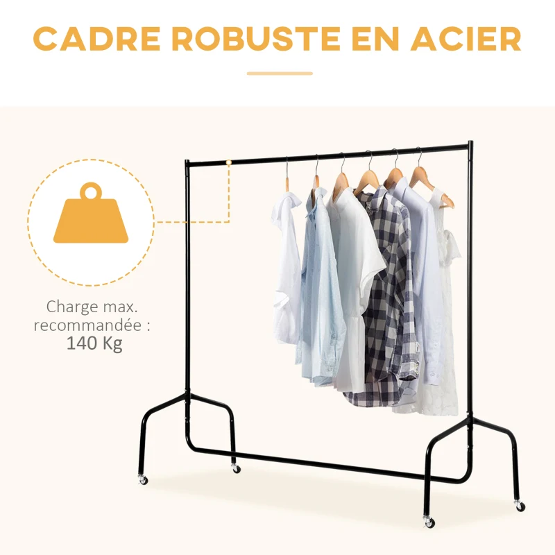 HOMCOM Portant à Vêtements avec Roulettes Tringle a Vêtement solide Charge 140 Kg 150 x 60 x 170 cm Porte-Manteau en acier noir