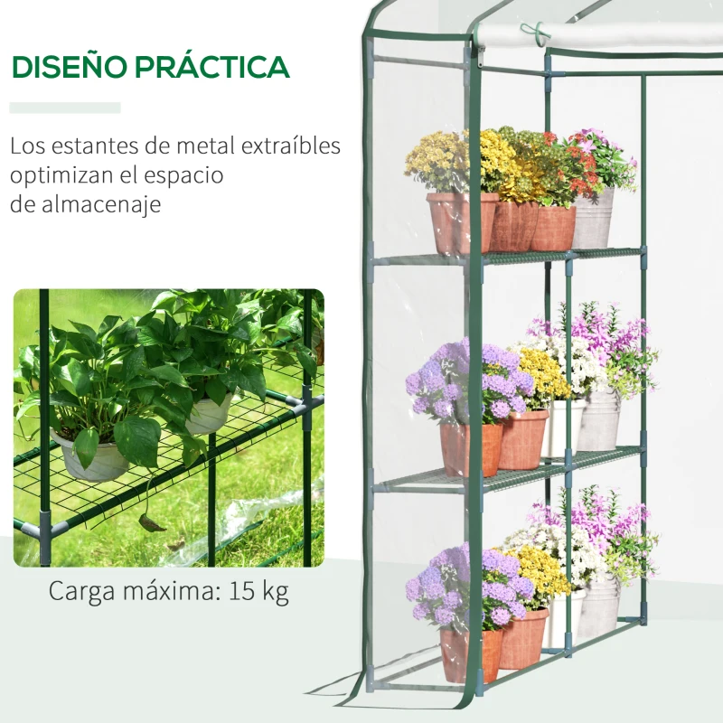 Outsunny Invernadero de Exterior Invernadero de Jardín de 3 Niveles con Estantes Marco de Acero Cubierta de PVC para Cultivo de Plantas Flores Verduras 143x143x195 cm Translúcido y Verde