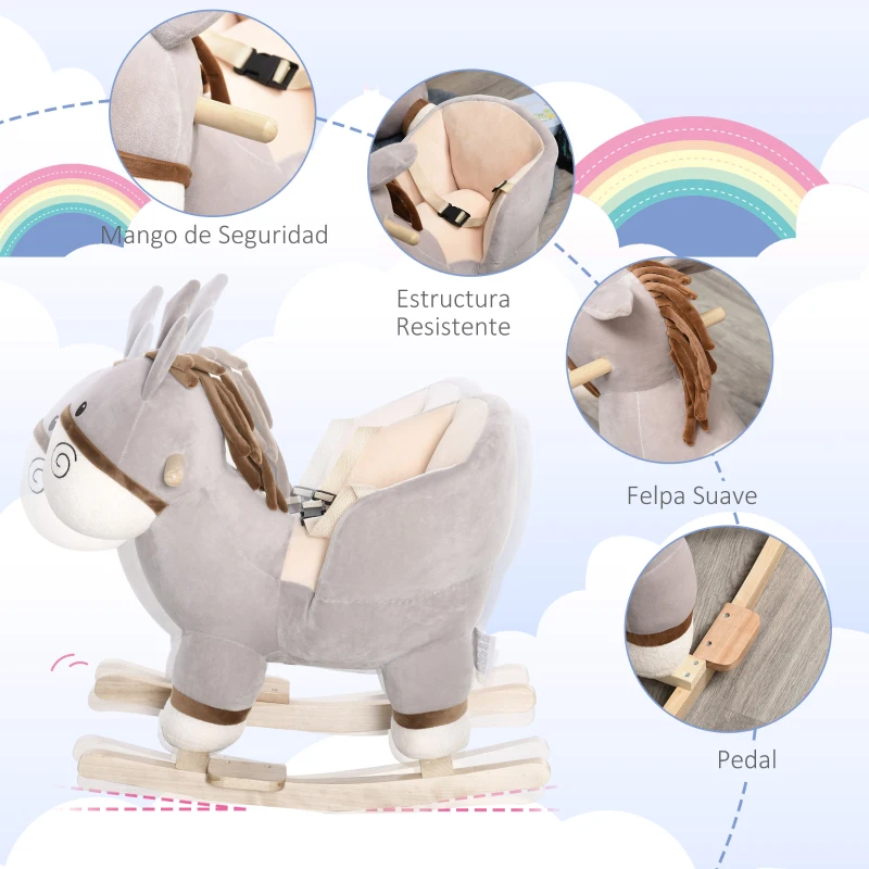 HOMCOM Caballito Balancín Infantil en Forma de Burro de Felpa para Bebés 18-36 Meses con Sonido y Cinturón 61x34x58 cm Gris