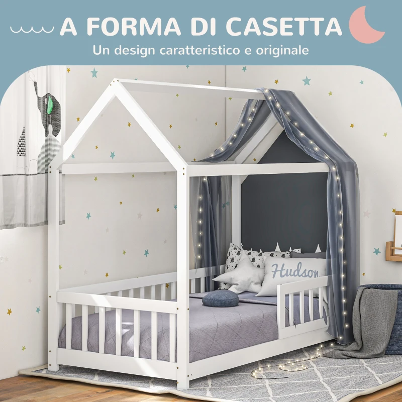 HOMCOM Struttura Letto per Bambini a Forma di Casetta con Doghe e Recinzione, in Legno di Pino, 96x195x165 cm, Bianco