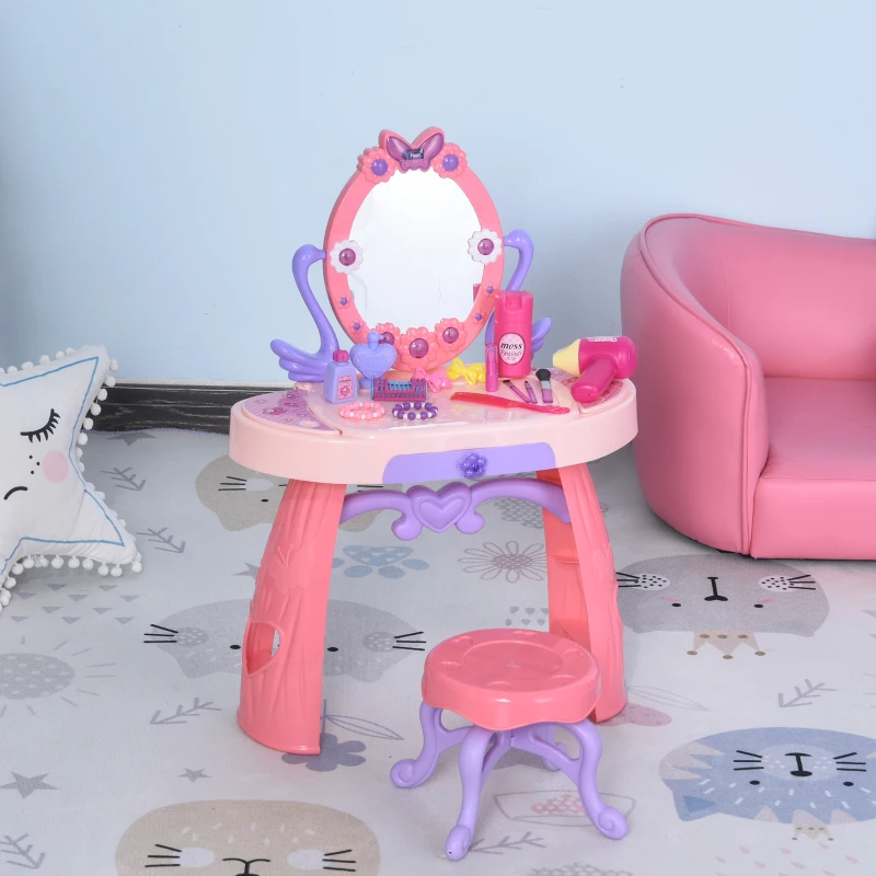 HOMCOM Kids Pretend Vanity Table Stool Beauty Pretend Princess Dressing Table Play Set with Mirror Lights Music & Makeup Accessories for Girls 3 Years Old Pink
