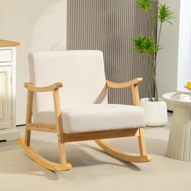 HOMCOM Fauteuil à bascule rocking chair assise rembourrée avec pieds en bois - dim. 66l x 92P x 78H cm, beige