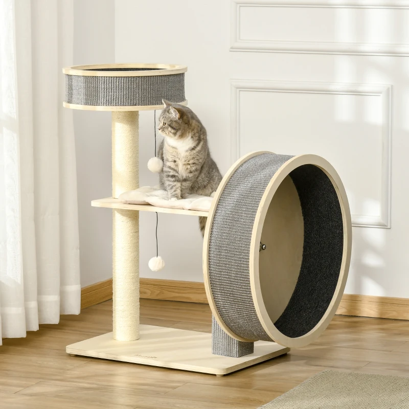 PawHut Árbol Rascador para Gatos Mediano Altura 91 cm Torre Escalador Gatos con Rueda para Ejercitar Cama Plataforma Cojines Poste de Sisal y Bolas de Juguete Gris y Crema