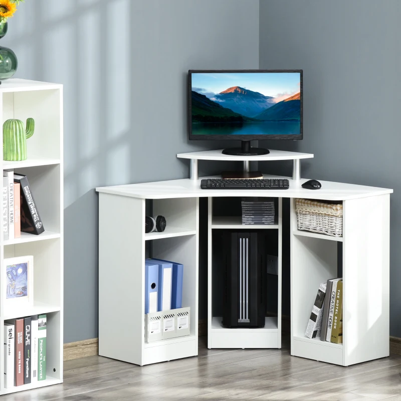 HOMCOM Scrivania Angolare con 3 Sezioni, Scrivania per Camera o Ufficio, Scrivania PC in Legno con Ripiano Monitor, Bianco