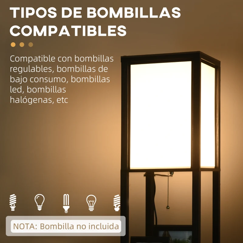 HOMCOM Lámpara de Pie de Madera con Estante para Bombilla E27 Potencia Máx. 40W Lámpara Moderna 26x26x156 cm Negro y Blanco