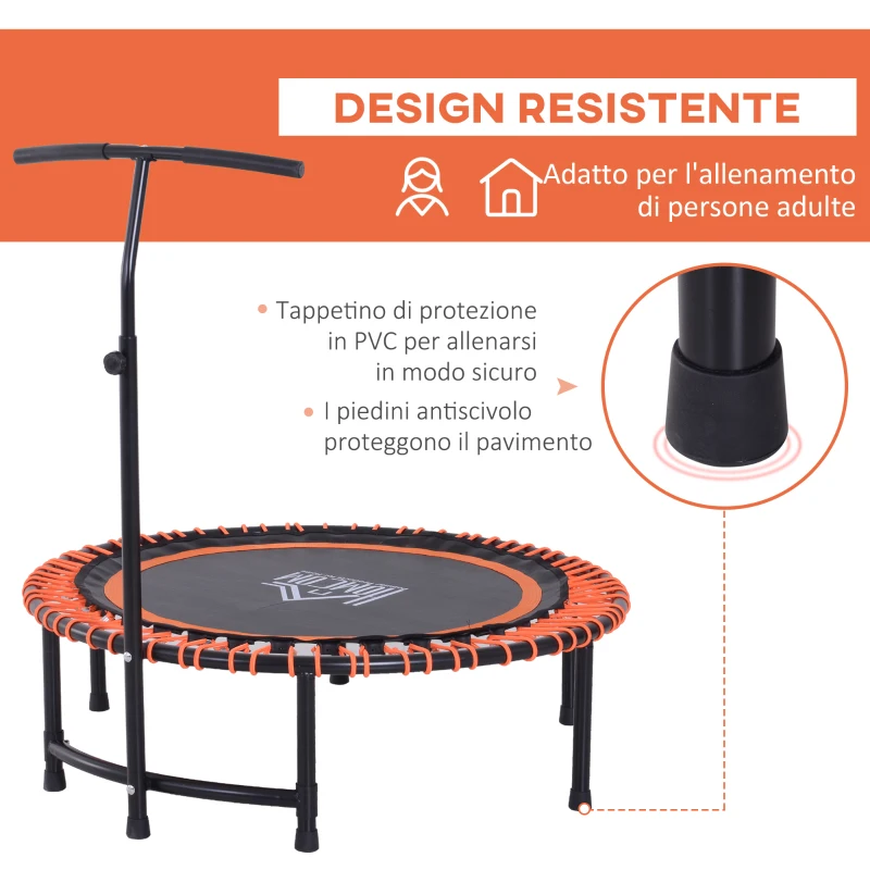 HOMCOM Trampolino Elastico con Maniglia di Sostegno Regolabile Diametro 114cm Carico Massimo 100kg, Arancione