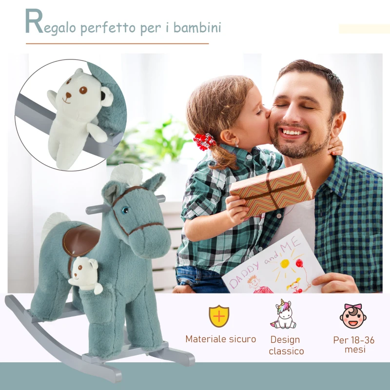 HOMCOM Cavallo a Dondolo per Bambini in Peluche e Legno con Suoni e Orsetto Incluso, per Bimbi da 18-36 Mesi, 65x26x55cm, Blu