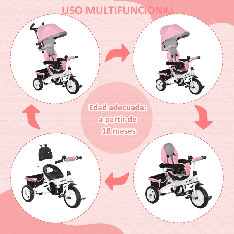 HOMCOM Triciclo Evolutivo para Niños +12 Meses con Toldo Plegable Mango de Empuje Telescópico y Cinturón de Seguridad Rosa