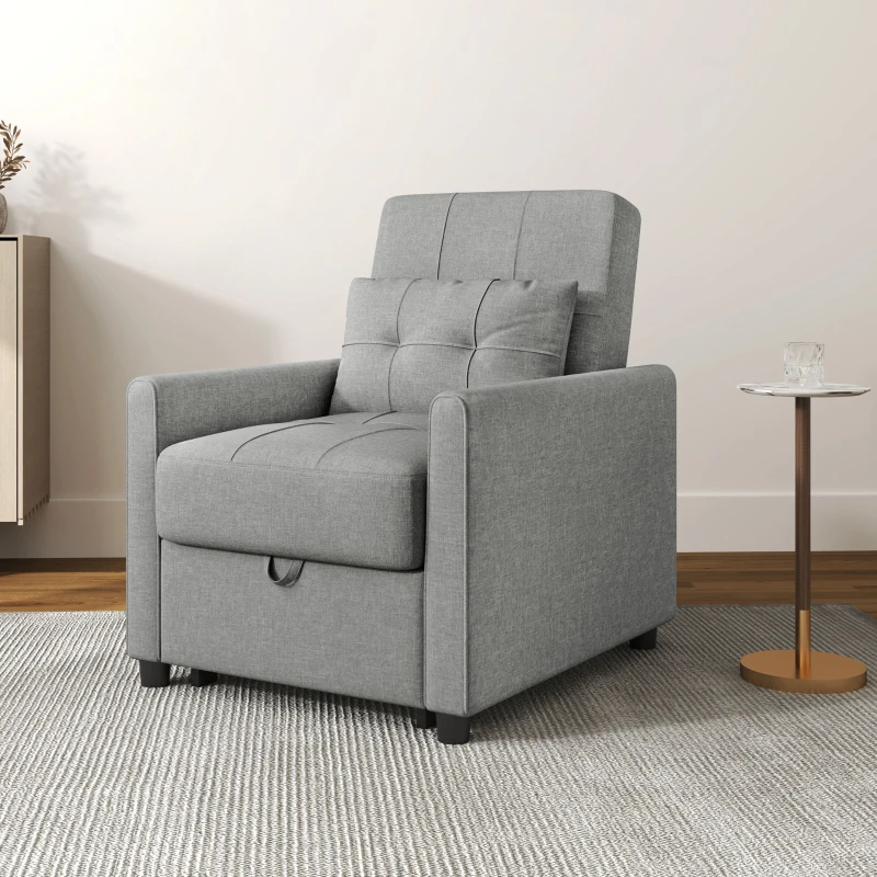 HOMCOM Poltrona Letto Singolo Reclinabile su 3 Livelli con Cuscino Extra, 69x82x85cm, Grigio Chiaro