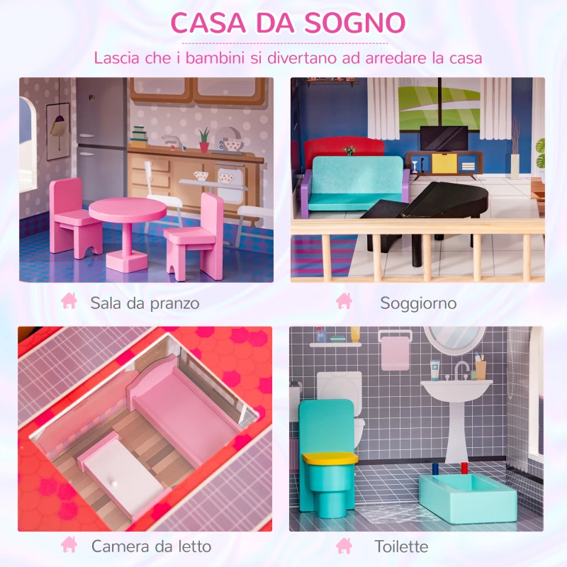HOMCOM Casa delle Bambole in Legno a 3 Piani con Ascensore e Accessori, per Bambini 3-6 Anni, 60x30x80 cm, Rosa