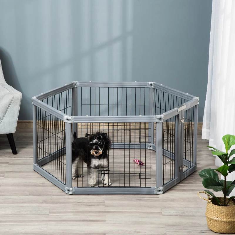 PawHut Dog Play Pen 6 Panel Pet Playpen Foldable Puppy Playpen Rabbit Guinea Pig Run w/ Door for Indoor & Outdoor