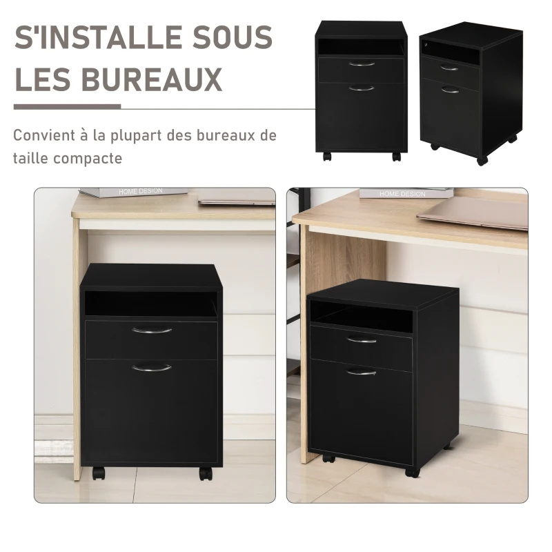HOMCOM Caisson de bureau rangement bureau sur roulettes tiroir placard niche panneaux particules noir