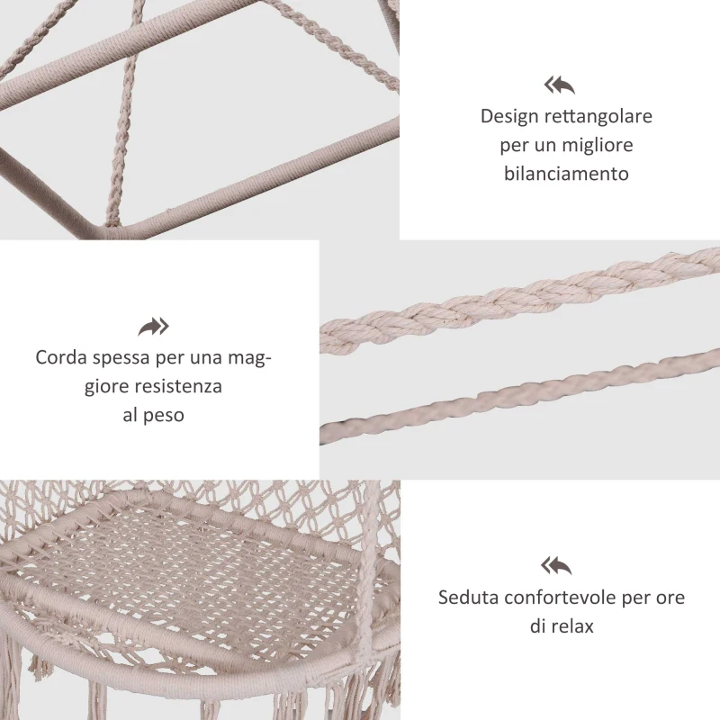 Outsunny Amaca Sedia Sospesa ad Altalena in Legno e Corda di Cotone, Beige, 80x140 cm