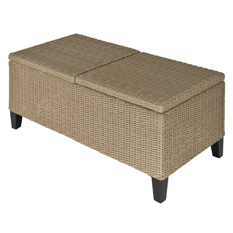 Outsunny Garten-Beistelltisch, Aufbewahrungskiste mit Stauraum, Rattanoptik, Stahlrahmen, khaki, 103 x 50 x 45,5 cm