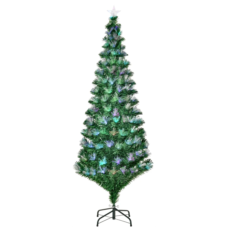 HOMCOM Árbol de Navidad de Fibra Óptica de 180 cm con 230 luces 7 Colores y Estrella en la Copa Ø84x180 cm Verde