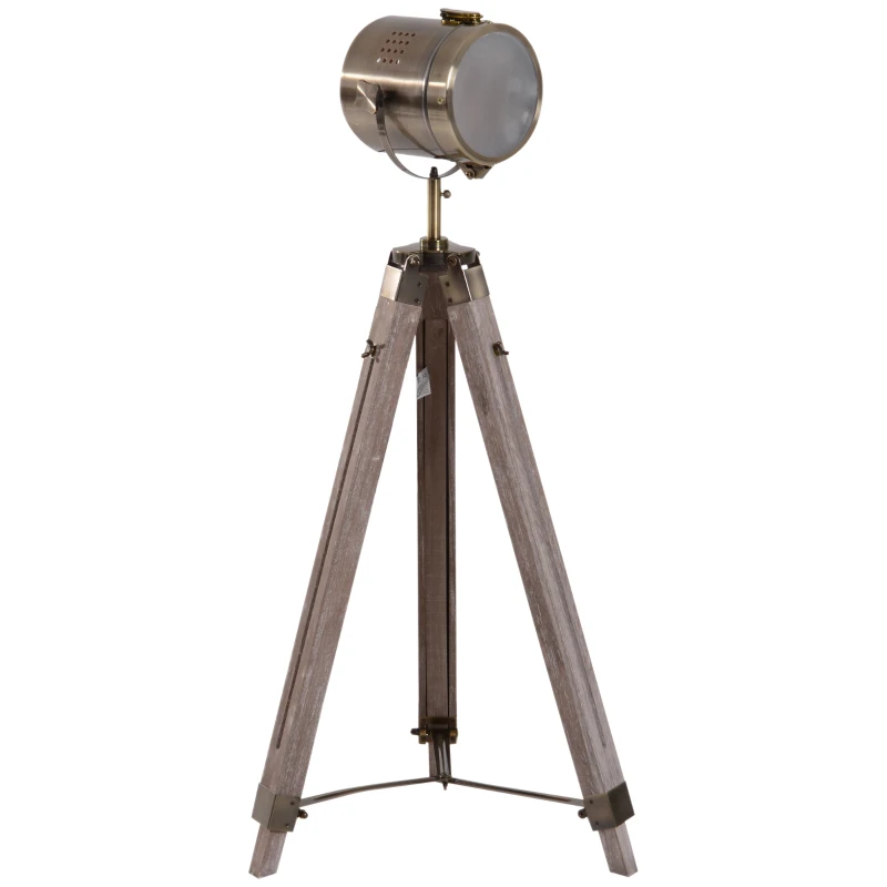 HOMCOM Industrial Tripod Floor Lamp, Nautical Searchlight with Adjustable Height, Wood Legs, E14 Lamp Base for Living Room, Bedroom, Grey and Bronze