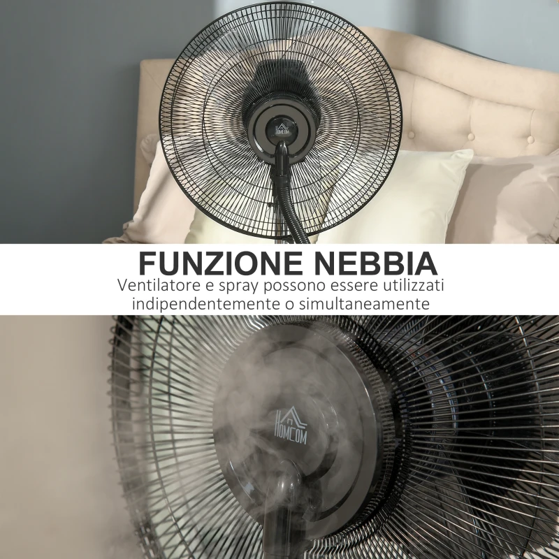 HOMCOM Ventilatore Nebulizzatore con Telecomando da 5m, Timer 12h e Oscillazione 70°, 3 Velocità, 3 Funzioni e Antizanzare, Tanica 3.1L, 90W, Ф44.5x135cm Nero