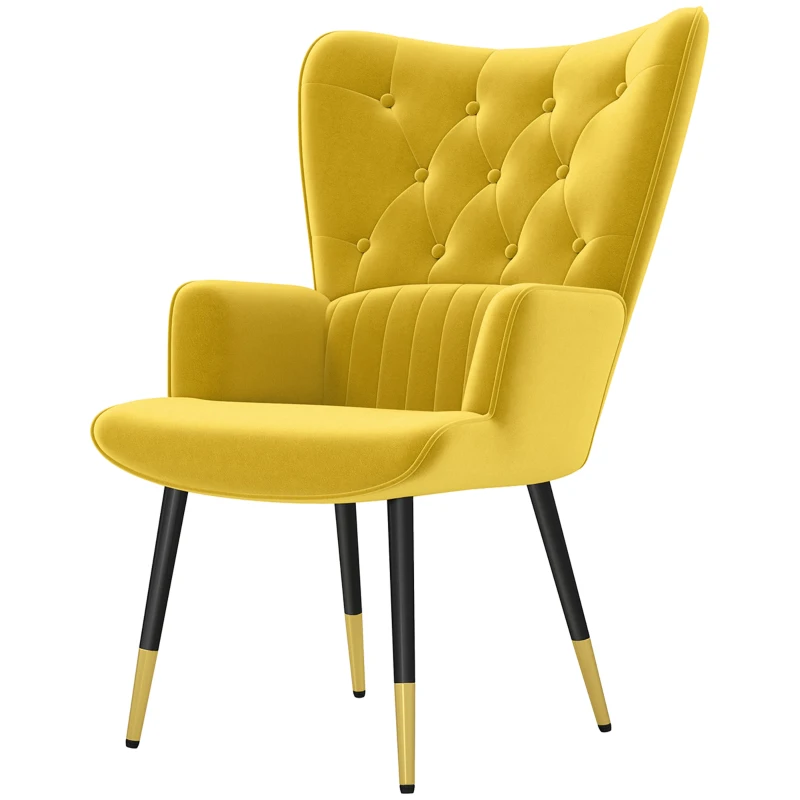 HOMCOM Butaca de Salón Sillón Individual Tapizado en Terciopelo con Respaldo Alto Estilo Moderno 68x72x103 cm Amarillo