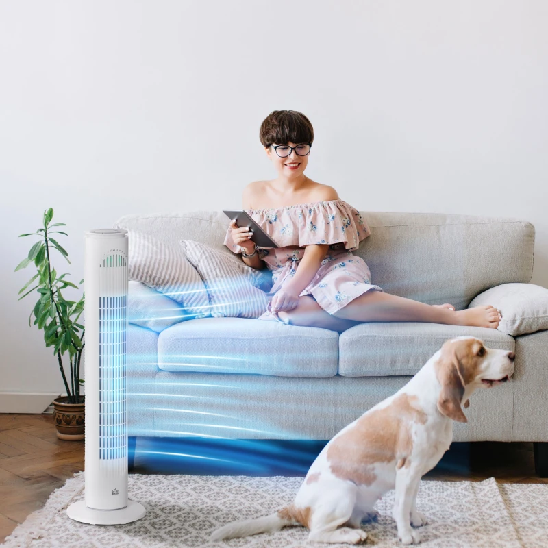 HOMCOM 30'' Freestanding Tower Fan, 3 Speed 3 Mode, 10h Timer, 70 Degree Oscillation, LED Light, 5M Remote Controller, White