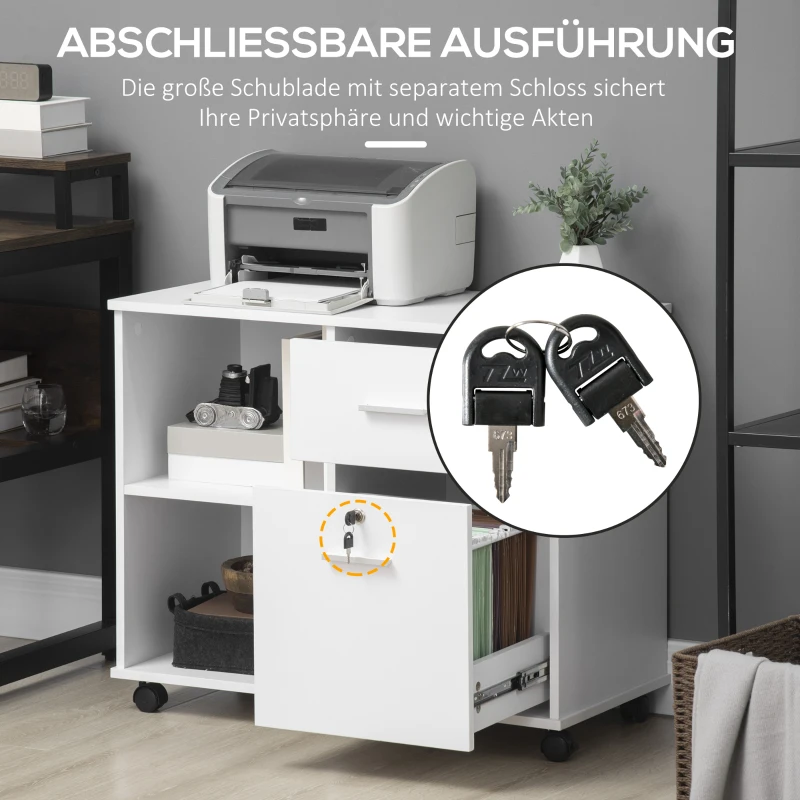 Vinsetto Büroschrank Druckerschrank, abschließbare Schublade, 5 Rollen, Weiß, 80 x 40 x 66,5cm