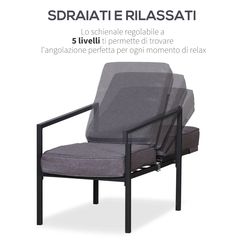 Outsunny Set 5 Pezzi Mobili da Esterno, 2 Sedie Sdraio Reclinabili, 2 Pouf e 1 Tavolino, Grigio e Nero, Metallo e Poliestere