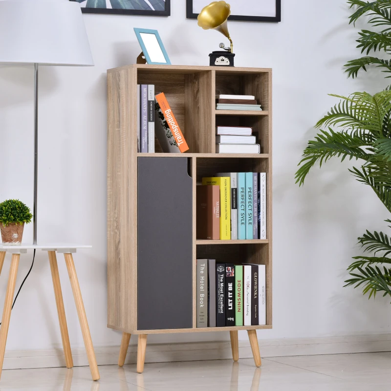 HOMCOM Freestanding Bookshelf Living Room Bookcase Storage Cabinet with 5 Shelves and Door Cupboard for Home Office, Bedroom, Study, Grey