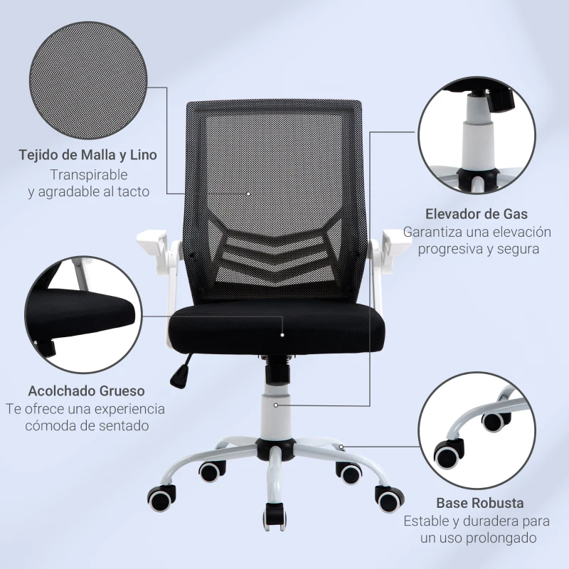Vinsetto Silla de Oficina Ergonómica Silla de Malla con Altura Ajustable Reposabrazos Abatible Soporte Lumbar Transpirable para Adolescentes Adultos 62,5x55x94-104 cm Negro