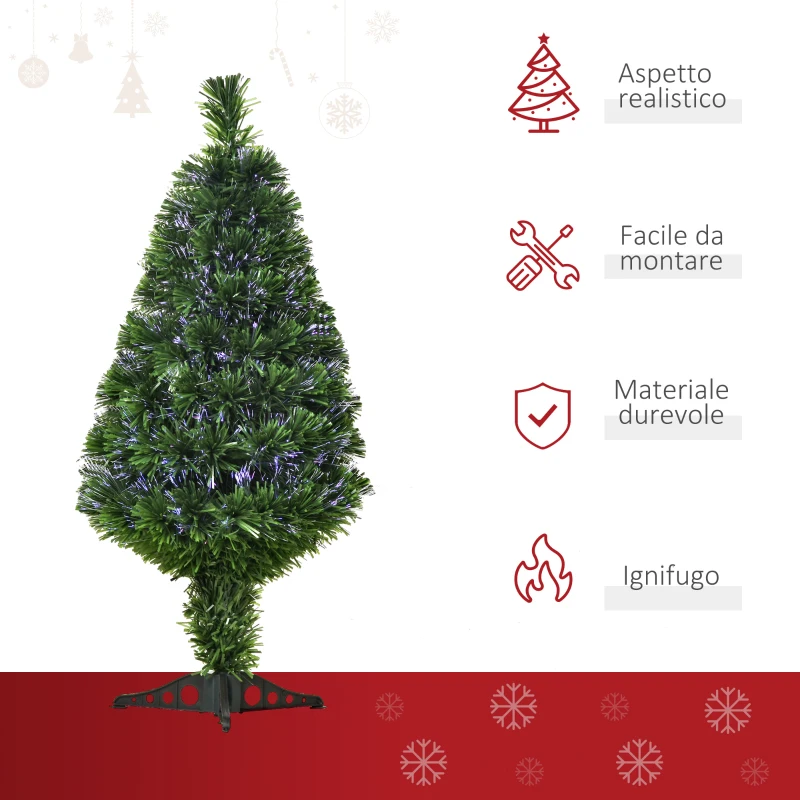 HOMCOM Albero di Natale a Fibre Ottiche 90cm con 90 Folti Rami in PVC, Decorazione di Natale con Luci di 4 Colori
