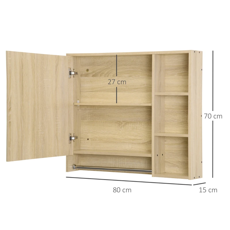 kleankin Spiegelschrank Badschrank Hängeschrank Wandschrank Badmöbel Mehrzweckschrank mit offener Fächern Badezimmer Spanplatte Glas Natur 80 x 15 x 70 cm