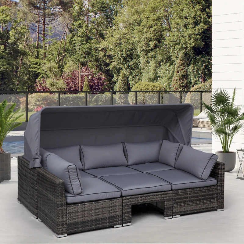 Outsunny Rattan Lounge Set, Sitzgruppe mit Sonnendach, Garten Loungegruppe, inkl. Kissen und Beistelltisch, Metall, Grau, 215 x 75 x 64 cm